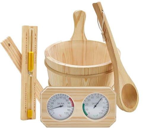 perfk Ensemble d'accessoires de Sauna, Seau 4 L, Multifonction, Cadeaux, thermomètre Robuste, hygromètre, sablier, sablier pour Salle de Bain et