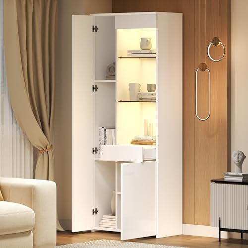 VIVCA Vitrina de 70 x 35 x 180 cm con cajones, vitrina de alto brillo, vitrina de cristal con iluminación LED, armario alto, armario alto con armario, vitrina de pie, almacenamiento de pared divisoria