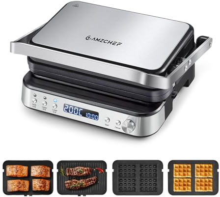 AMZCHEF Kontaktgrill XXL 2000W 4-in-1 Multifunktionsgrill mit Wechselplatten – Panini Grill, Waffeleisen & Sandwichmaker, 80–230°C Temperatur, Timer, 180° Tischgrill, Antihaft & Spülmaschinenfest