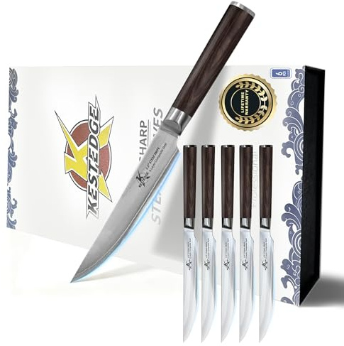 KESTEDGE For Home Chefs & Hosts Damascus Steak Knives Set of 6, 67-Layer 9Cr18MoV Steel Non Serrated Straight Edge, Full Tang Wooden Handle, Rust Proof Luxury Gift Box for Wedding Anniversary