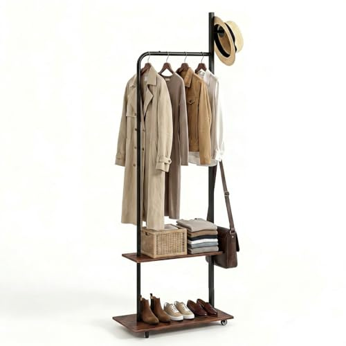 GYMAX Porte-Manteau pour Entrée, Mobile Sur 2 Roulettes, avec Étagères de Rangement pour Chaussures Sac Chapeau Vêtement, 2 Crochets Latéraux de Suspension, Cadre en Métal Robuste, 60 x 30 x 175 cm