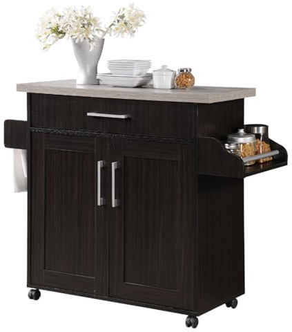 Hodedah Kitchen Island with Spice Rack plus Towel Holder. ‎Valuable Counter Space, 39.45 x 118.49 x 88.9 cm Dimension; 29.03 Kilograms, Chocolate-Grey