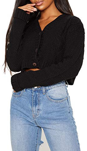Crazy Girls Women's Ladies Long Sleeve 3 Button Cropped Chunky Aran Cable Knitted Grandad Cardigan (12-14, Black)