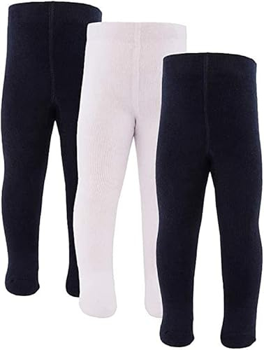 inibini Lot de 3 collants pour bébé/enfant - Couleur unie - 3 collants en coton - Pour filles et garçons - Fabriqué en Europe, Bleu marine/blanc, 74-80 cm