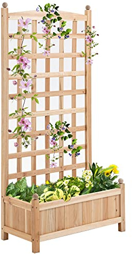 Outsunny Wooden Raised Garden Bed with Trellis, Outdoor Planter Box with Drainage Crevices for Climbing Vine Plants Flowers, 24 x 12 x 49