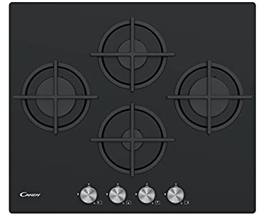 Candy Moderna CSG6DPB, Placa Gas, Cristal Templado, 4 Fuegos, 60CM, Gas Natural adaptable a Gas Butano, 8,15KW,Mandos Centrales, 4 Rejillas aptas para lavavajillas, Válvula Seguridad Sicurflame,Negro