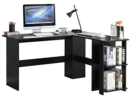 DlandHome Mesa Escritorio grande en L con Estantería Moderna - Mesa para esquina con Almacenamiento PC, Ordenador y Computadora para Hogar/Oficina, Negro