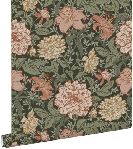 ESTAhome tapet vintage blommor grågrönt och terrakottarosa 53 cm x 10.05 m