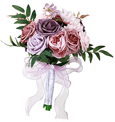 Perfeclan Bridal Wedding Bouquets Artificial Rose Flowers Bouquet Handmade Romantic Wedding Bouquets for Bride Bridesmaid Holding Flowers, Pink Violet