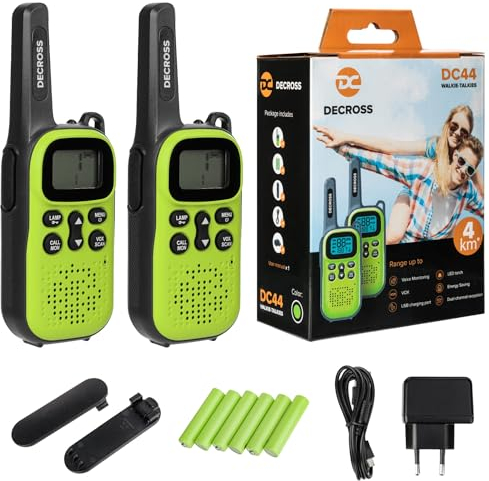 DC DECROSS Walkie Talkie Kinder und Erwachsene, 2er-Set Walki Talki bis zu 4 km, PMR446 16 Kanäle, VOX, Taschenlampe, Geschenk Jungen Mädchen 4, 5, 6, 7, 8 Jahre, Wanderungen, Camping (Grün + Akku)