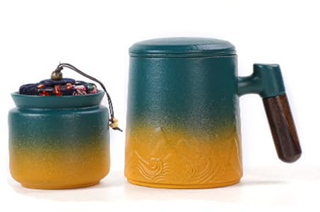 JTBDWOSK Teetasse mit Teesieb und Deckel,Teebecher aus Keramik mit Holzgriff, 450ml Große Holzgriff Teebecher mit Sieb und Gradienten Geprägtem Muster, Matte Keramik Teetassen,Grün