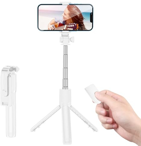 Palo Selfie Trípode, Trípode para Movil, Palo Selfie Trípode Bluetooth, Palo Selfie Tripode para Movil con Control Remoto Desmontable, 360° Rotación Trípode Inalámbrico para Selfies, Blanco, 67CM