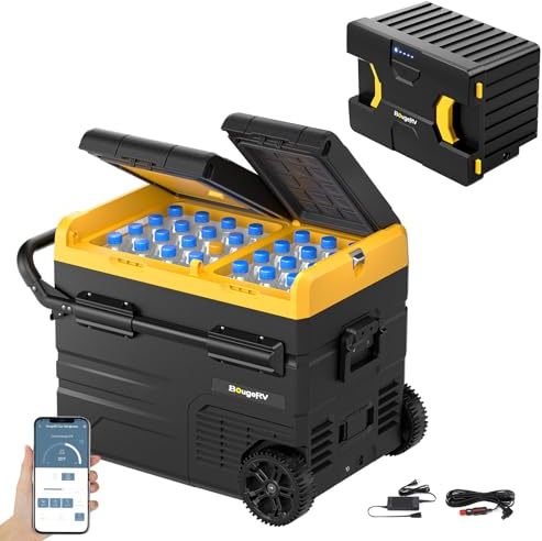 BougeRV CRD Kompressor Kühlbox mit Akku, 45L Kühlbox Auto Doppeltür Doppelzone 12V 24V 230V mit Tragbare Powerstation 173Wh (4-10 Stdn. Laufzeitverlängerung) Netzteil für Kühlschrank Auto Camping
