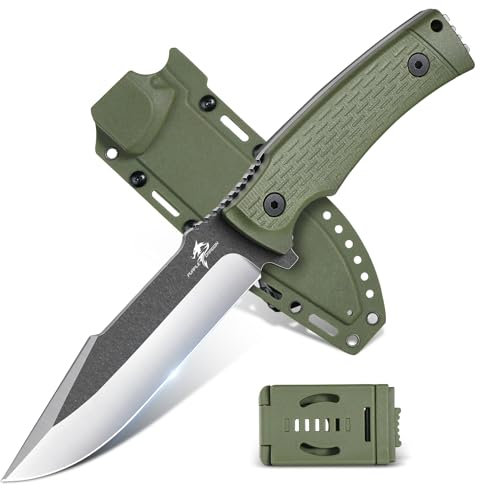 Purple Dragon Outdoor Messer Survival,Feststehendes Jagdmesser mit D2 Stahl Klinge,Scharf Fung Tang Messer mit 13CM G10 Griff,Kydex Scheide(Grün)