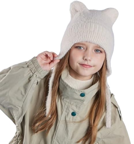 Barn vinter kattöron stickad öronlappshatt 4-10 år pojkar flickor tecknad mössa hatt med snöre barn varm enfärgad plyschmössa anti-kalla öron skydda tillbehör utomhus cykling skidåkning termisk skalle
