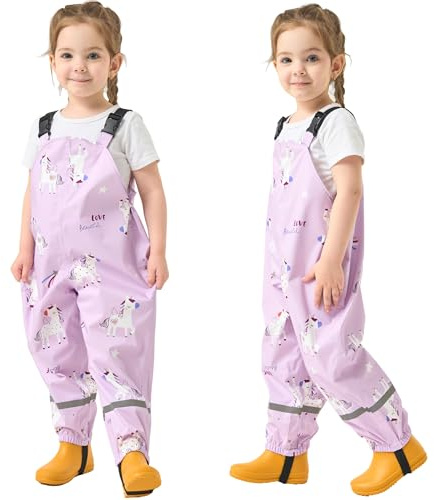 Fewlby Pantalon Impermeable Niñas, Pantalones Barro Peto de Lluvia Niños Mono Impermeable con Tiras Reflectantes Chubasquero Outdoor Traje Impermeable, 4-5 Años