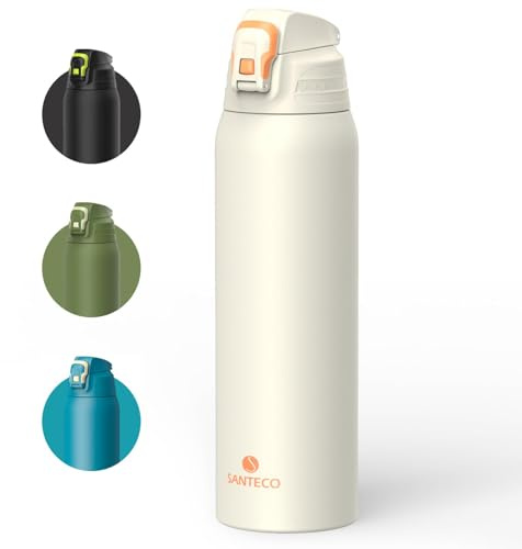 SANTECO Botella con bloqueo de seguridad contra fugas, termo de acero inoxidable, sin BPA, termo con bolsa de transporte, botella de agua apta para lavavajillas, para viajes, camping (Gris, 1500ml)