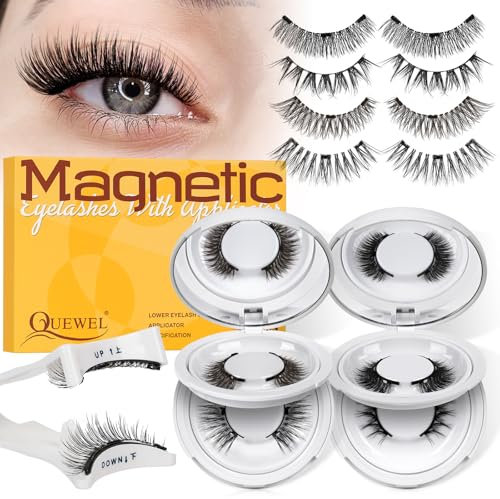 QUEWEL Magnetische Wimpern kein Kleber nötig 4 Paare, natürlicher Look Wimpern magnetisch wiederverwendbar, Magnet Wimpern Set einfach zu tragen mit Anleitung und Applikator (4 Paar-A)