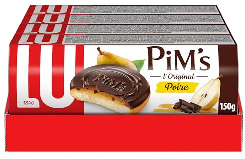 LU PIM'S - 4 Boîtes de Biscuits Pim's à la Poire - Génoise Gourmande, Cœur Poire, Coque Chocolat - Format Familial Pratique pour le Goûter - Lot de Biscuits Fruits Chocolat - Lot de 4x150g