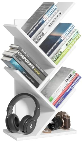 LELELINKY Bücherregal Baumform, Standregal 5 Ebenen Desktop für Bücher/CDs/Zeitschriften, DVD Bücherregal Holz, Bücher Regal für Wohnzimmer, Schlafzimmer und Heimbüro, Weiß