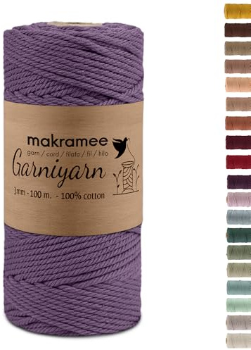 GarniyarN makramégarn 3 mm x 100 m, 100 % bomull, lila