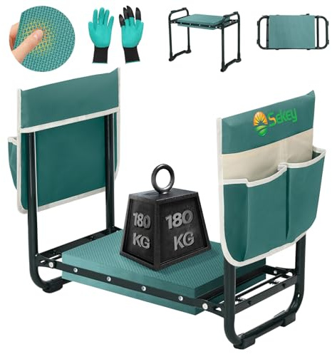 Sekey Höhenverstellbare Kniebank für Gartenarbeit Belastbarkeit 180KG, Gartenhocker Klappbar mit Werkzeugtaschen, Knie Komfort Garten, Grün