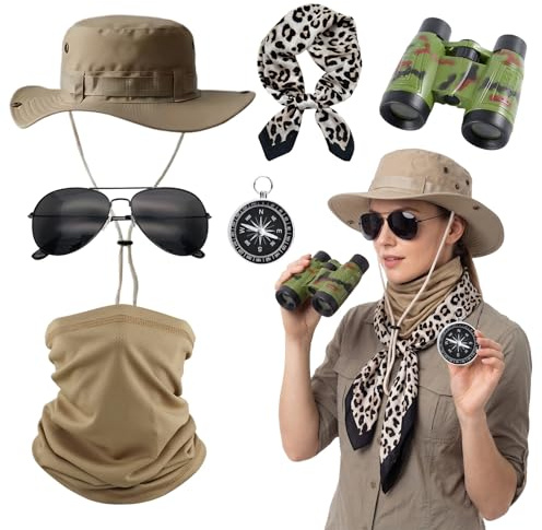 6 st vuxen safari Explorer kostymtillbehörsset med leopardtryck halsduk, safari-hatt, kikare, solglasögon, solskydd, snabbtorkande, halsvärmare, kompass för utomhusäventyr rollspel unisex