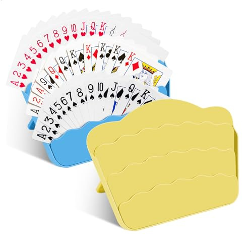 mimzemamz Porta Carte da Gioco, 2 Pezzi Supporto per Carte con Piedino Pieghevole da Tavolo, Portacarte a 3 Livelli per Adulti (Blu + Giallo)