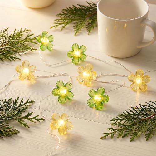 HHMTAKA LED Pearl Flower String Fairy Lights 20 Micro Warm White 2M Blossom Garland Light for Indoor Outdoor Lighting,Bedroom,Wedding,Party,Christmas,Spring Decoration (Yellow+Green)