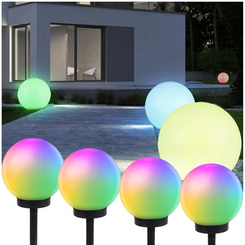 Green Blue GB124 4 x utomhus solarlampa, solboll, solcell, LED-lysande kula, trädgårdsbelysning, olika lysande färger (färg, 4 stycken – 20 cm)