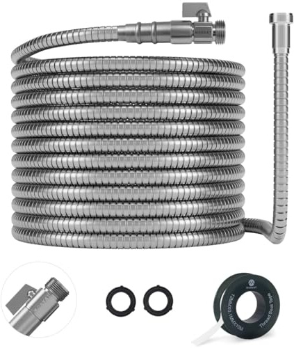 Morvat 50 Foot Stainless Steel Garden Hose with Shut-Off Valve, Garden Hose Stainless Steel 50ft, Resistant to Tangles and Punctures, Heavy Duty Garden Hose 50 FT