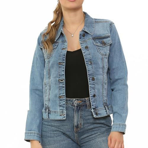 NOROZE Women Basic Denim Cropped Jacket Stretch Vintage Wash Top (10, Vintage Wash Light Blue)