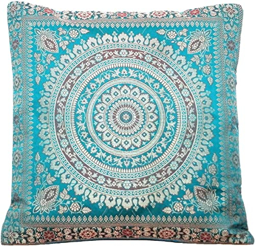 Ruwado Handgewebt und Handgefertigt Indische Banarasi Seide Kissenbezug, Zierkissenbezug, Sofakissenbezug, Dekokissen - Mandala Muster 40 x 40 cm | 16 x 16 Zoll, Türkis-Grün