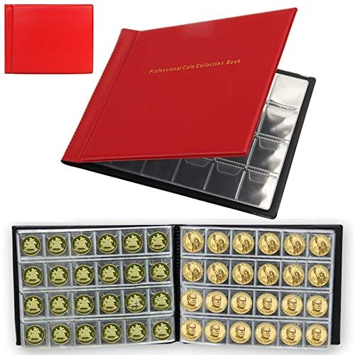 Coin Collection Album – 240 Pockets (3x3 cm Slots) Coin Book with Clear Sleeves & Faux Leather Cover – 20.5x15cm Currency Display Book for Pennies, Tokens, Medallions, and Badges
