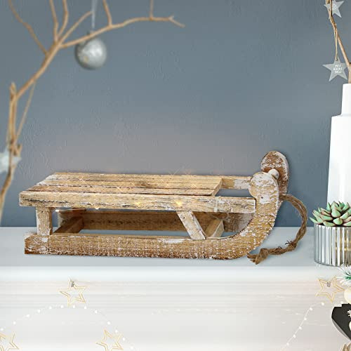 ECD Germany Slitta Decorativa Miniatura in Legno Marrone-Naturale con 25 LED Bianco Caldo 31,5 x 14,5 x 10,5 cm Funzionamento a Batteria Timer 6 Ore Decorazione Natalizia Ornamento di Natale