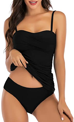 Joligiao Tankini Mujer Conjuntos de Traje de Baño de Dos Piezas con Pantalones Cortos Cintura Alta Bañadores Cuello en V Bañador de Baño Tallas Grandes Ropa de Playa Bikini(Negro,XXL)