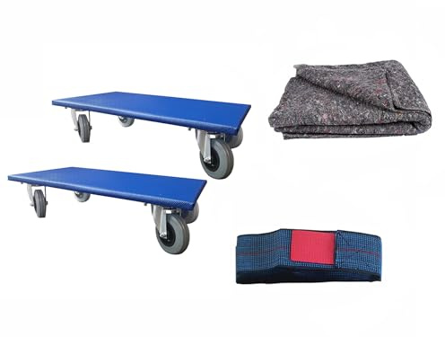 Kortpack Kit économique : 2 Chariot de déménagement 600 x 350 mm | 1 XL – Couverture de déménagement 150 cm x 300 cm | 1 Bande de Montage élastique XL