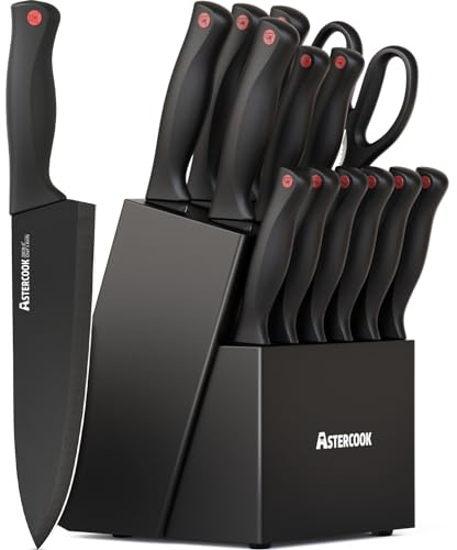 Knife Set, Astercook 15 Pieces Knife Sets for Kitchen with Block, Dishwasher Safe Kitchen Knife Set with Built in Sharpener Block, German Stainless Steel Kitchen Utensils Set