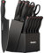 Astercook 15 Piece Knife Set with Sharpener Block - German Stainless Steel, Dishwasher Safe Kitchen Knives with Built-In Sharpener, Black