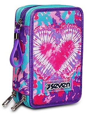 Seven Astuccio Scuola Elementare, 3 scomparti con Matite, Pennarelli, Penne, 3 Zip, Trendy Heart Girl, Bambina e Ragazza, rosa/azzurro