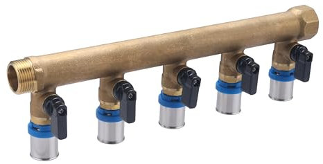 Colector macho-hembra 3/4 con 5 salidas multicapa a prensar Ø20 y válvulas | Latón | Conexión segura, duradera y precisa | Ideal para fontanería | Fácil instalación | QUICK PLOMBERIE