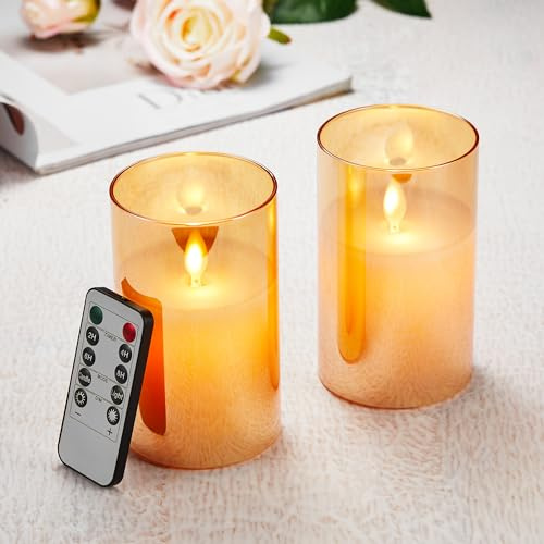 Bougies LED Lot de 2, Bougies Sans Flamme Vacillantes, Bougies à Piles avec Verre, Bougies en Cire Réelle avec Télécommande, Fonction de Minuterie, Dimmable pour Mariage Anniversaire 15cm - Brun