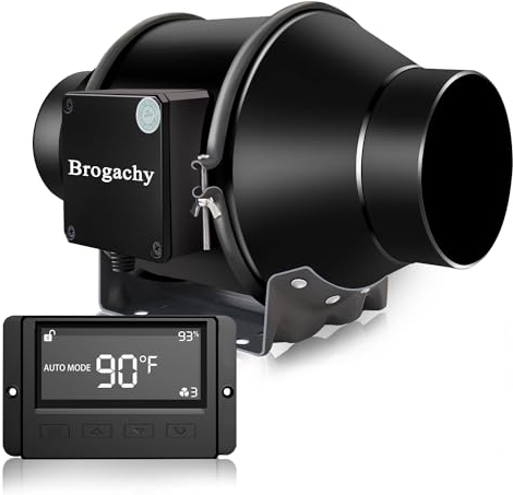 Brogachy 100mm Intelligent Rohrventilator,mit Temperatur- und Feuchtigkeitsregler,Abluftventilator 365 m³/h,Rohrlüfter 3000 RPM,mit Dreiphasiger EC-Motor,fürWachstumszelte,Belüftung,hydroponique.