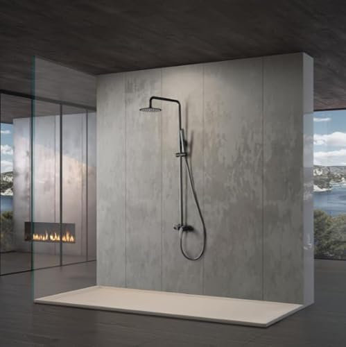 IMEX - Columna Ducha Negra Monomando con Grifo | Conjunto de Ducha con Alcachofa y Flexo | Griferia Monomando con Rociador Efecto Lluvia | Coluna Duche en Latón y Acero Inox S.304 | Serie Delos