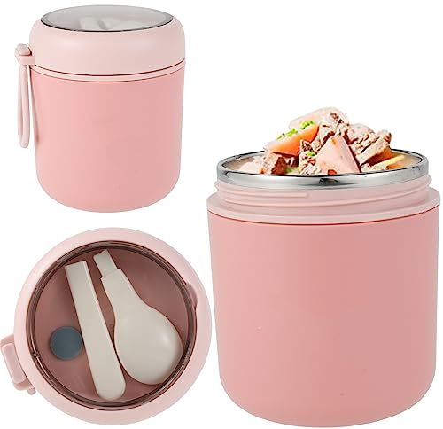 Vacuum Insulated Food Flasks BPA Free Stainless Steel Vacuum Double Wall Jar with Foldable Spoon, Portable Wide Mouth Food Flasks with Silicone Handle for School Office Work(530ml (Pink))