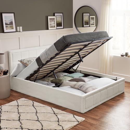 Home Treats Ottoman Bed Frame Small Double White 120 x190cm | Cream Storage Bed 4ft | Upholstered Storage Bed Plush Bouclé Fabric (No Mattress, Small Double)