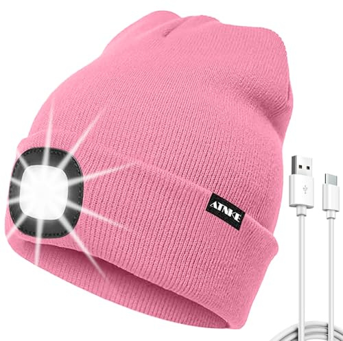 ATNKE LED-upplyst mössa hatt, USB typ C uppladdningsbar 4 LED löpning pannlampa ultralätt keps med lätta händer fria pannlampa vinter varm stickad gåvor för män och kvinnor, Rosa, one size