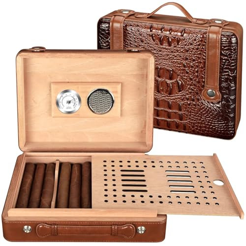 Humidor per sigari, scatola per sigari con stampa coccodrillo con igrometro, umidificatore e divisore, portasigari da viaggio in legno di cedro con vassoio rimovibile, può contenere fino a 50 sigari