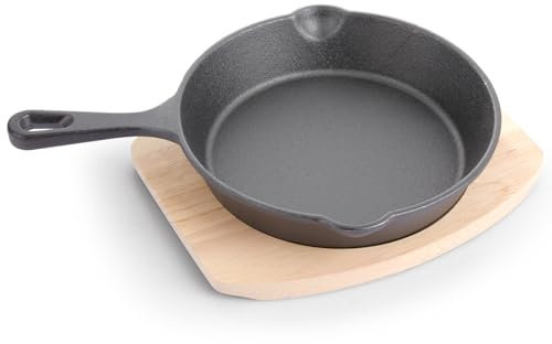ZOFUN 20 X 4 CM Cast Iron Frying Pan with Wooden Base, Round Cast Iron Pan Set with Handle, Heavy Duty Metal Skillet, Oven Safe Steel Frying Pans for Camping Indoor & Outdoor Cooking