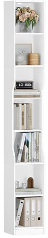 HEXCELEN Librería, Librería Vertical de 7 Niveles, Estantería Estrecha, Estantería Cubo, Estanterías de Almacenamiento, para Estudio, Salón, Dormitorio, 28 × 30 × 208,1 cm, Moderno, Blanco